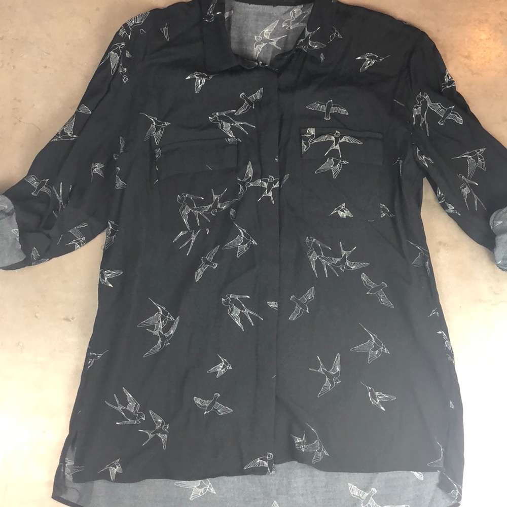 Zara Birds Blouse With Roll Up Sleeves